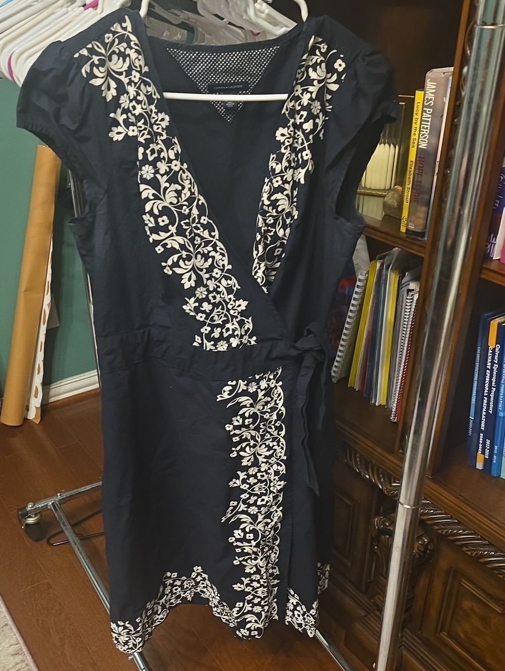 Tommy Hilfiger Black Wrap Midi Dress with White Floral Embroidery